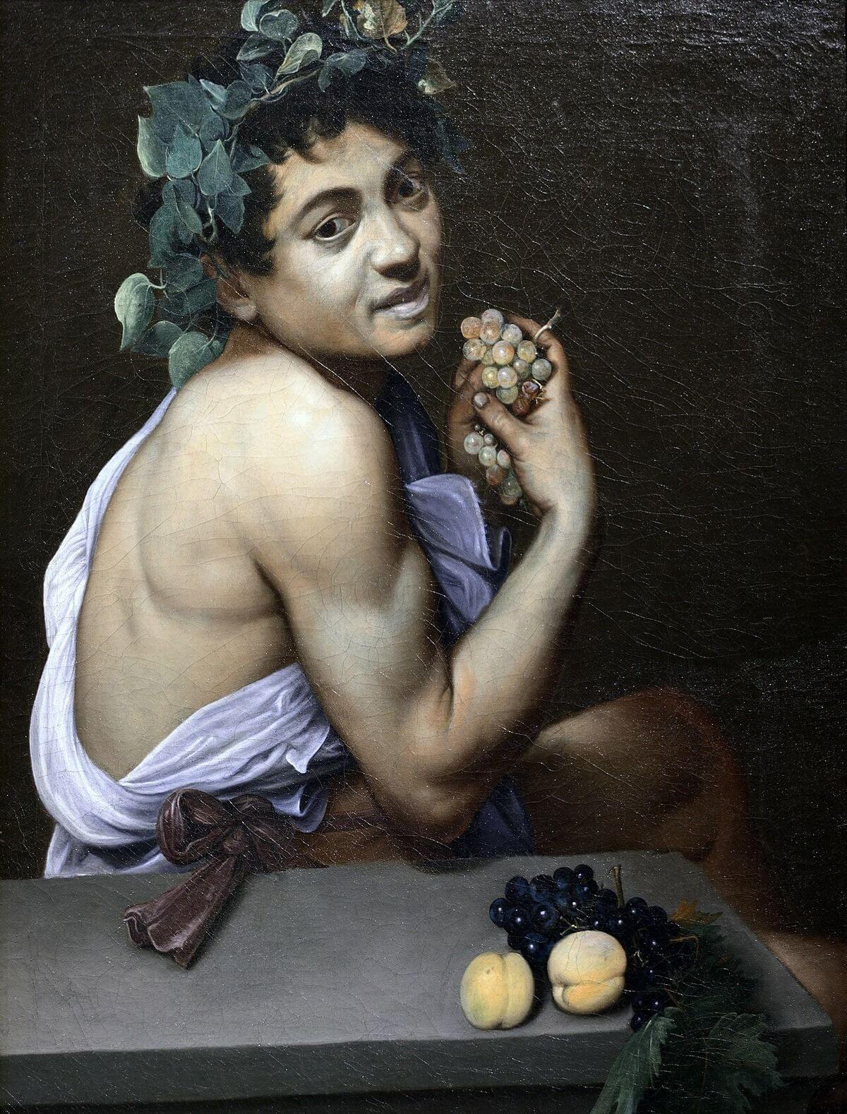 Caravaggio’s Young Sick Bacchus, a young man in an ivy crown holding grapes.