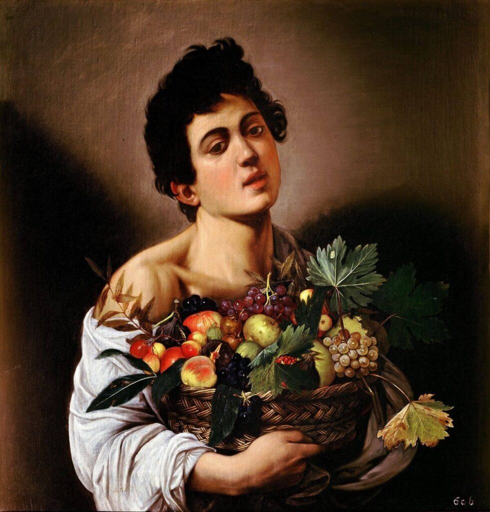 Caravaggio’s Boy with a Basket of Fruit, showing the young man, ripe fruit, and damaged leaves.