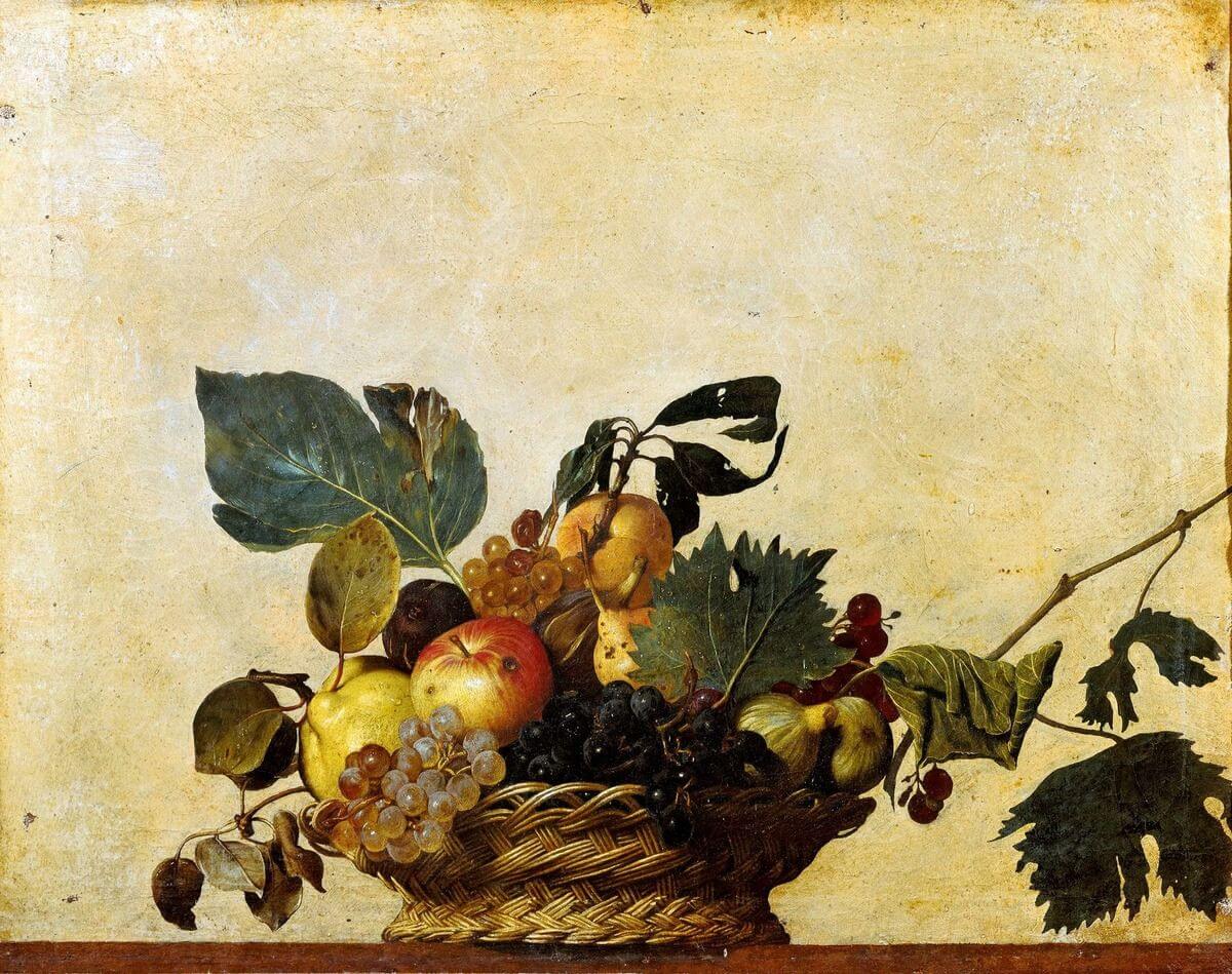Caravaggio’s Basket of Fruit, with blemished fruit, curling leaves, and a wicker basket projecting over a ledge.