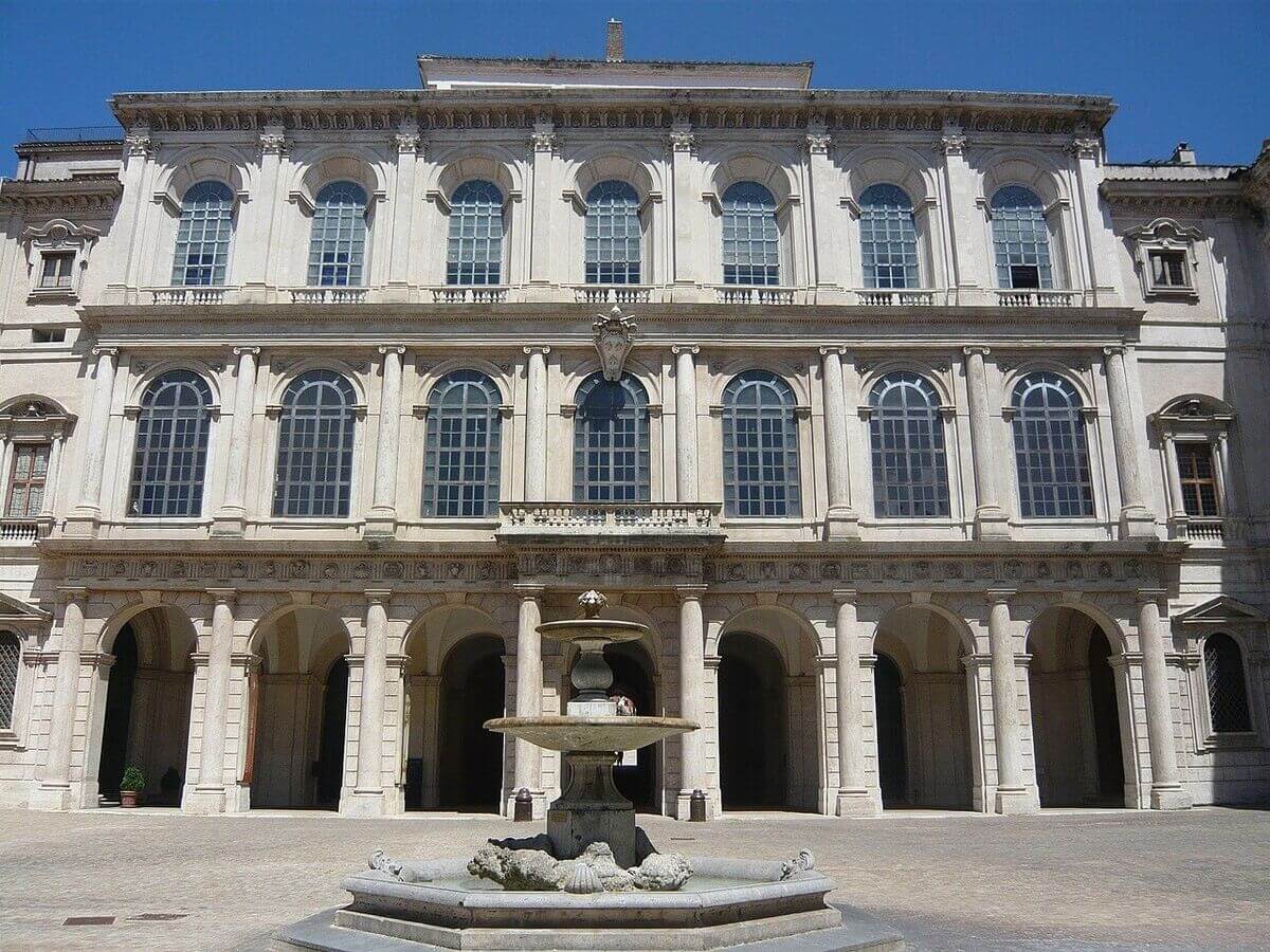 Palazzo Barberini courtyard facade with arcade and fountain, Rome