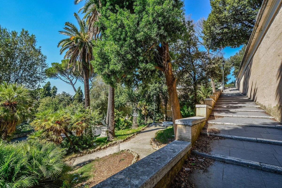 Garden path and stone steps in Villa Borghese, Rome