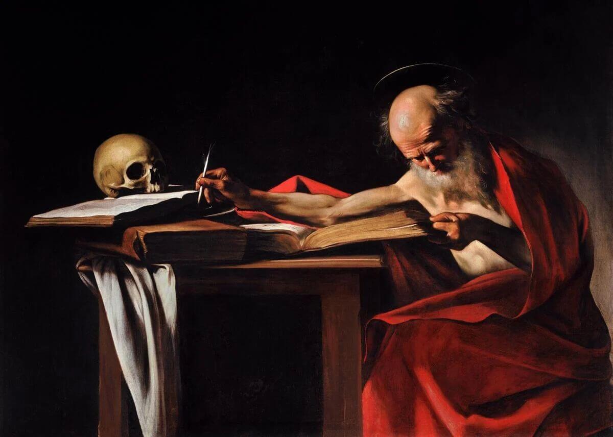 Caravaggio’s Saint Jerome at the Borghese Gallery, with his writing arm extending toward a skull on a book