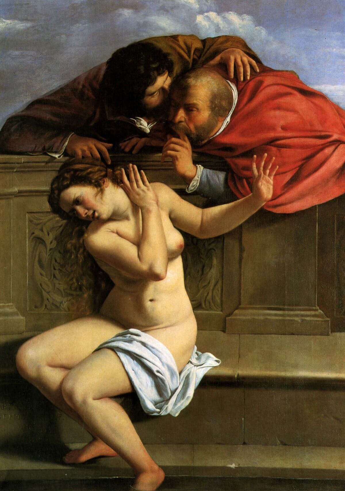 Artemisia Gentileschi’s Susanna raising both arms as two elders lean over the stone wall above her.