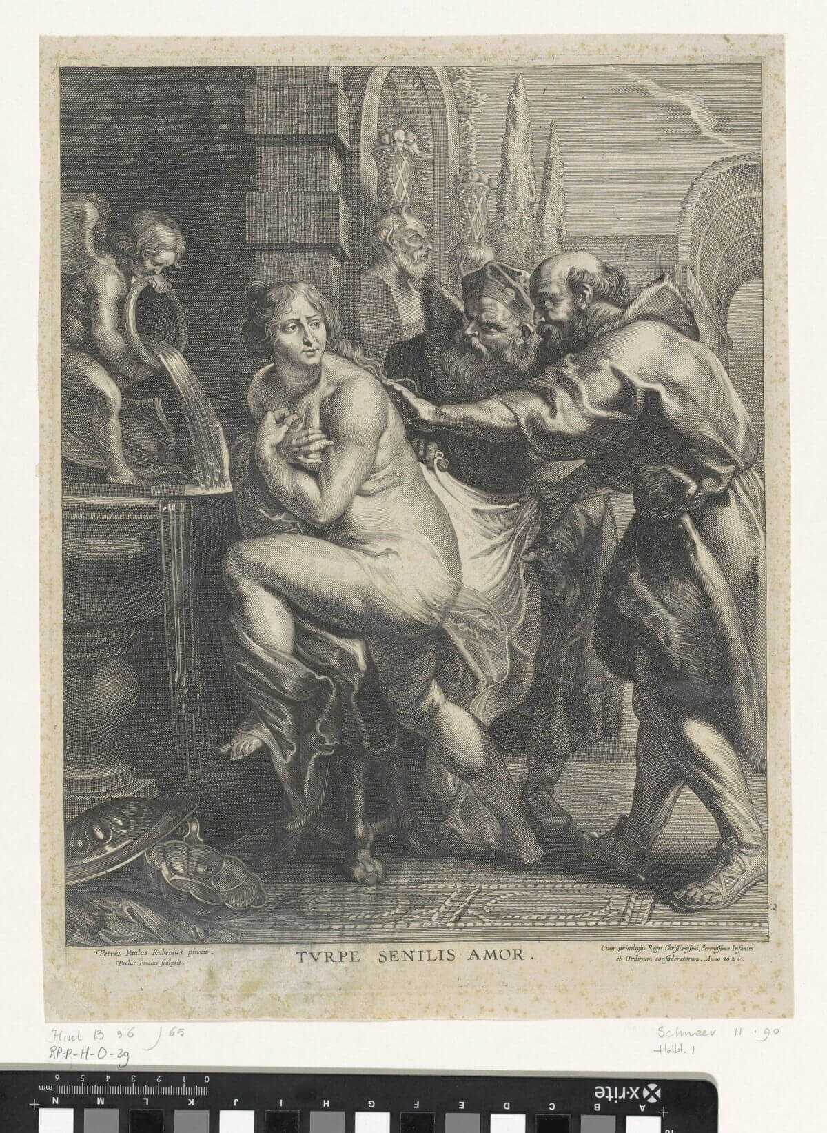 Pontius engraving after Rubens showing Susanna crossing her arms while an elder pulls at the cloth behind her.