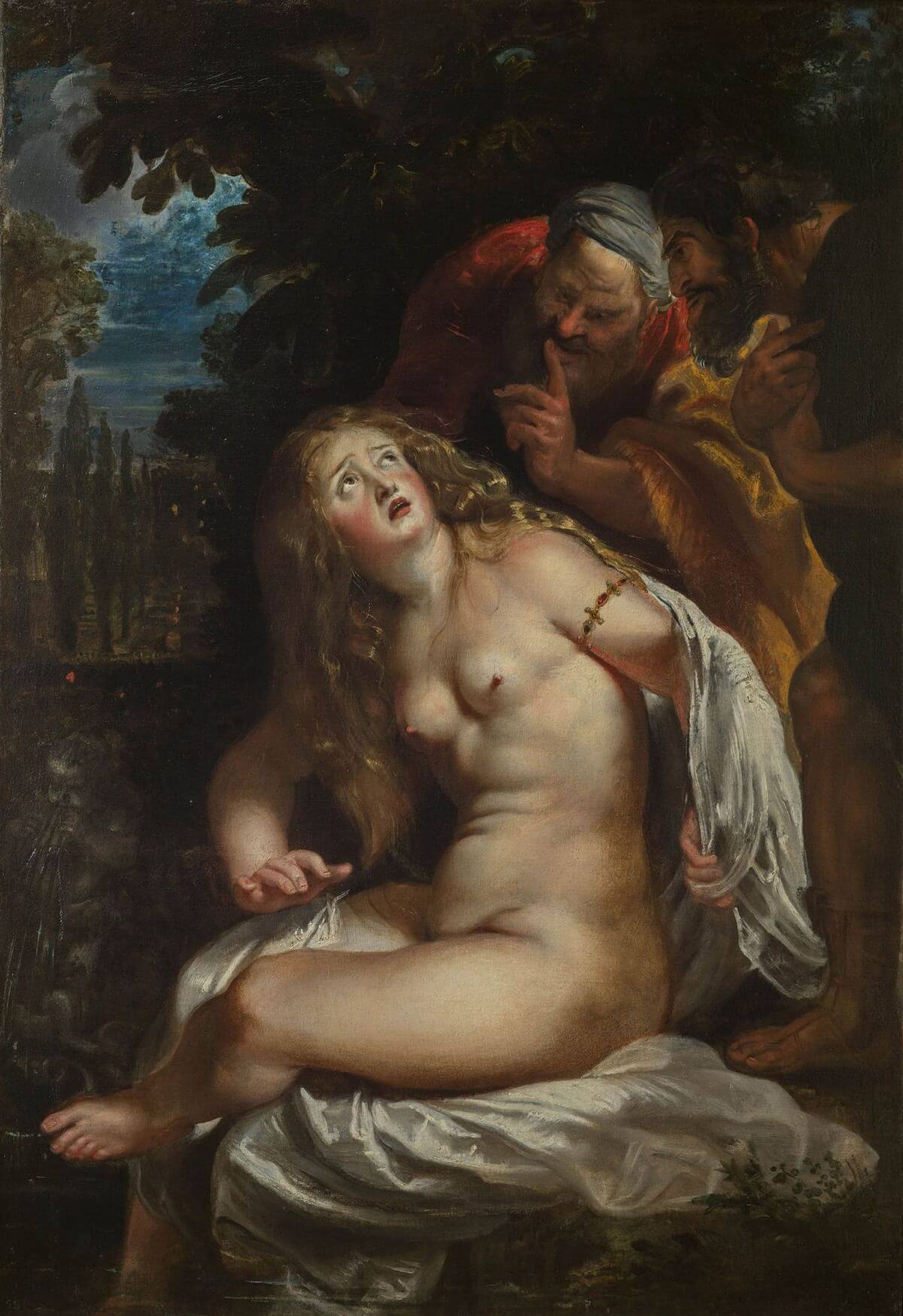 Rubens’ Susanna looking upward as two elders lean toward her, one pressing a finger to his lips.