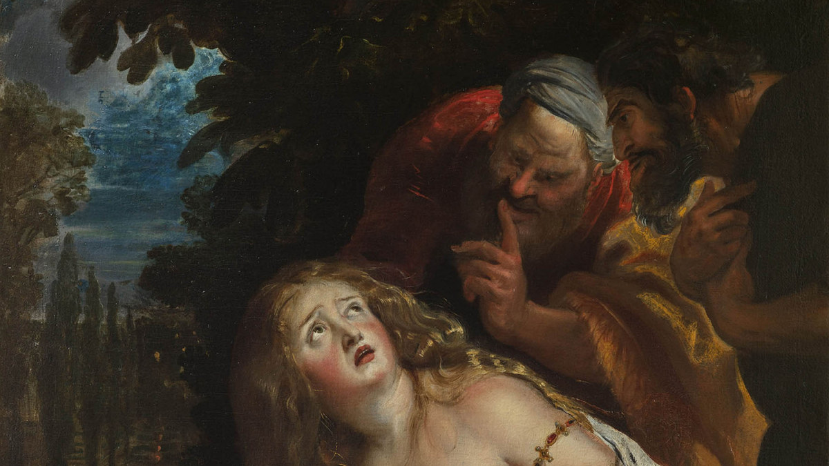 Detail of Rubens’ Susanna and the Elders, with Susanna looking up as an elder holds a finger to his lips